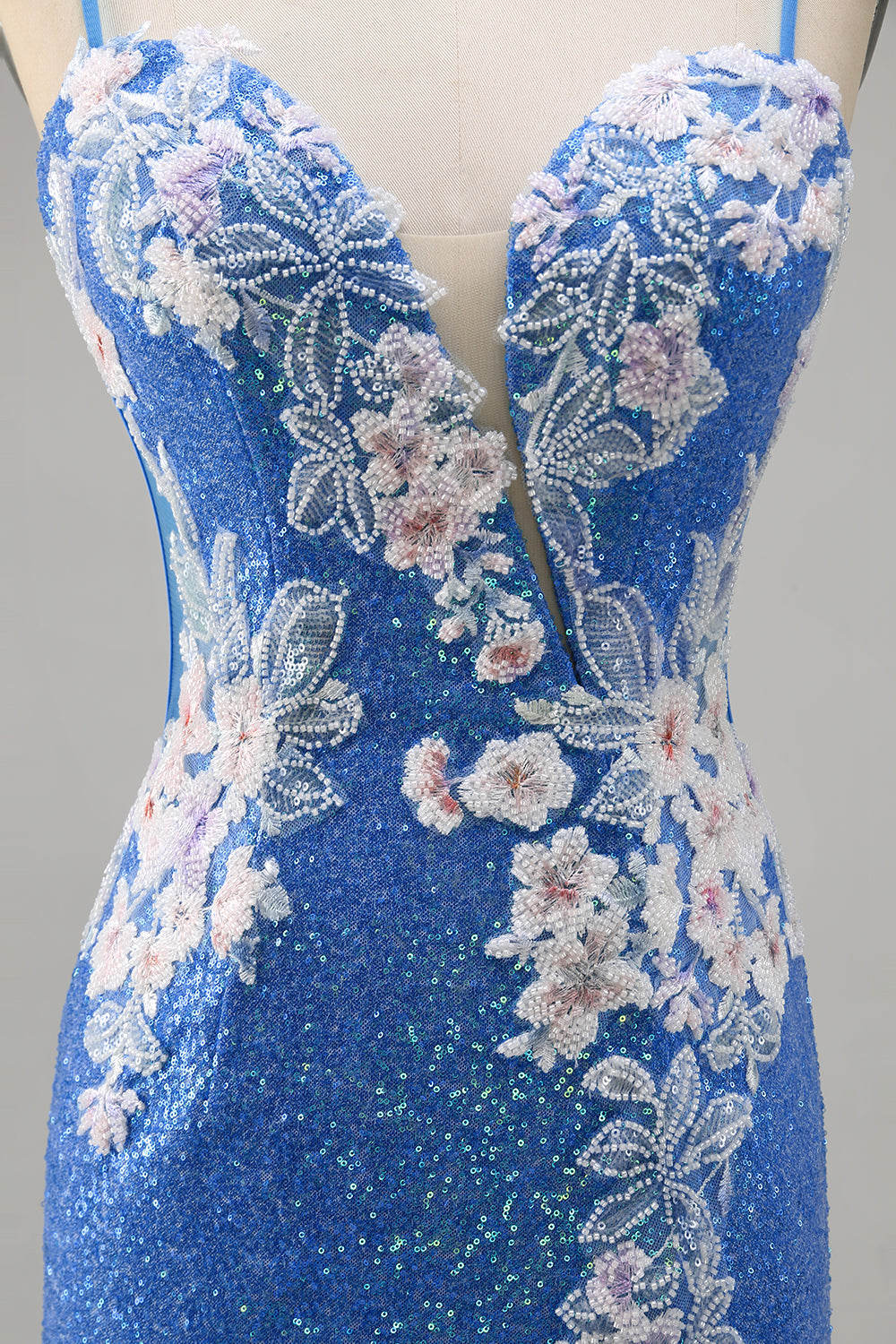 Sparkly Blue Spaghetti Straps Beaded Floral Mini Homecoming Dress with Slit
