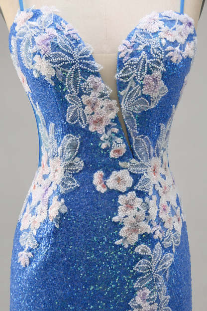 Sparkly Blue Spaghetti Straps Beaded Floral Mini Homecoming Dress with Slit