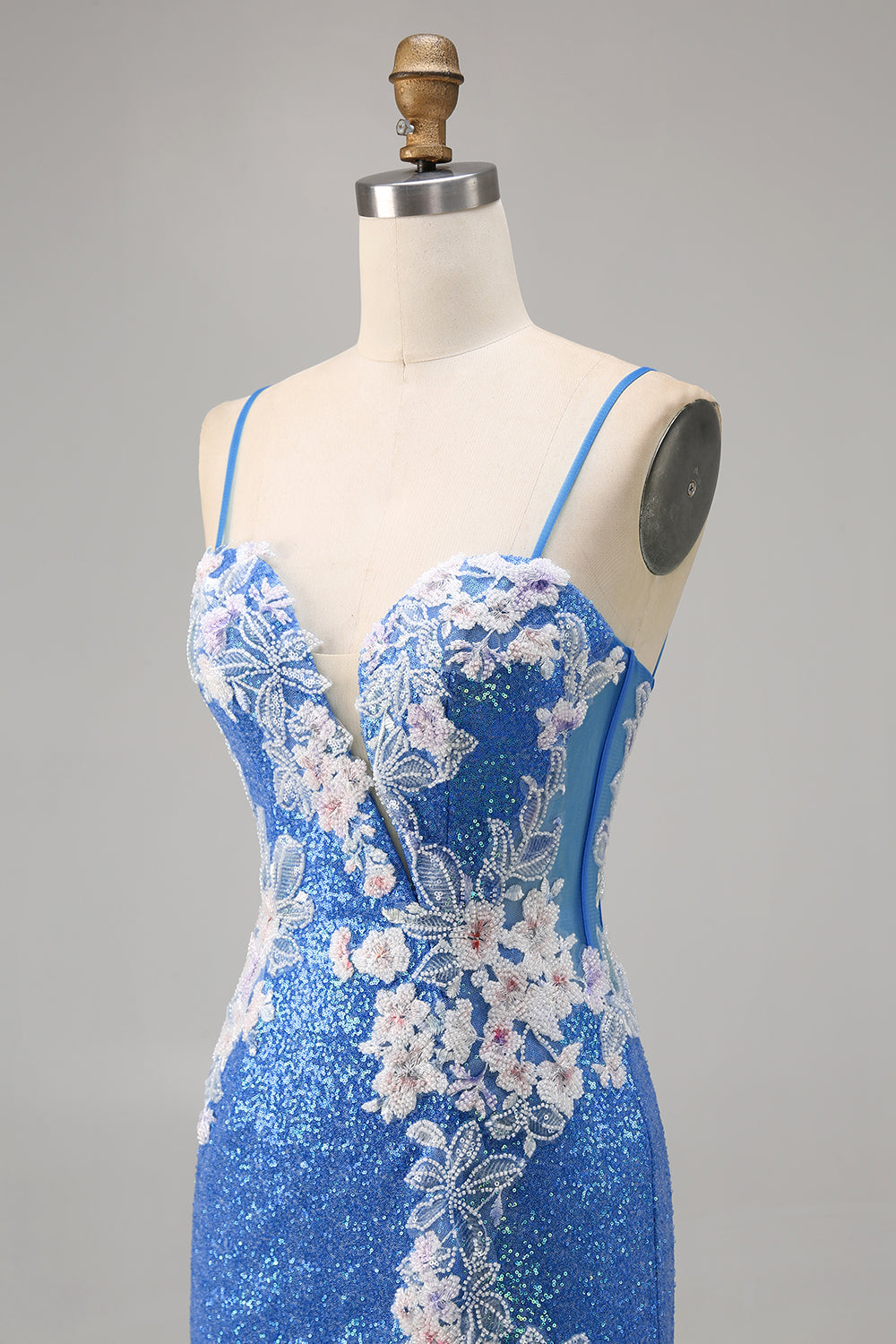 Sparkly Blue Spaghetti Straps Beaded Floral Mini Homecoming Dress with Slit