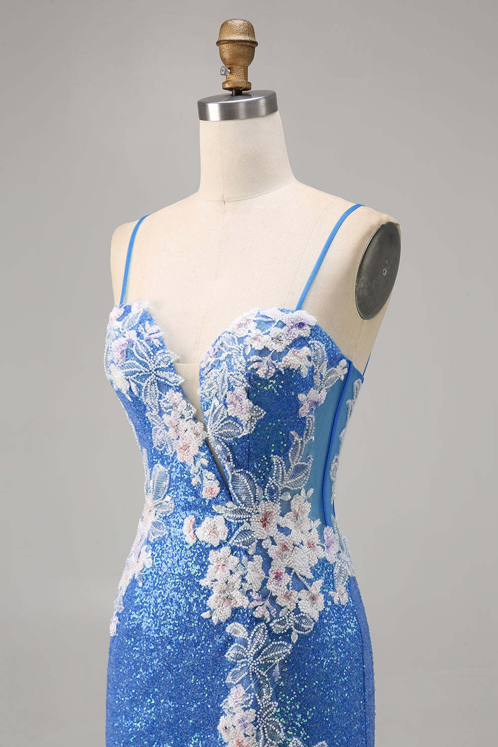 Sparkly Blue Spaghetti Straps Beaded Floral Mini Homecoming Dress with Slit