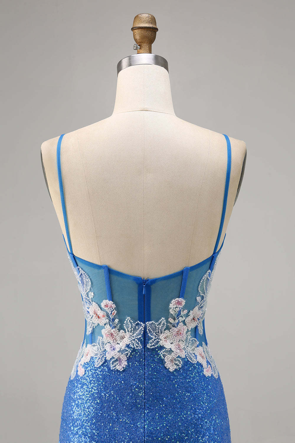 Sparkly Blue Spaghetti Straps Beaded Floral Mini Homecoming Dress with Slit
