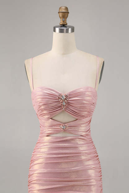Blush Metallic Ruched Cut Out Tight Mini Homecoming Dress