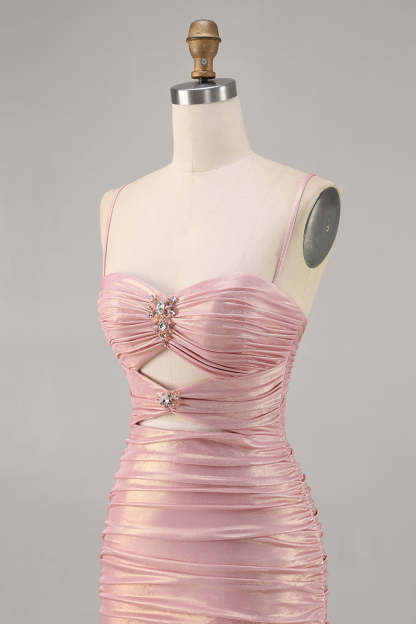 Blush Metallic Ruched Cut Out Tight Mini Homecoming Dress
