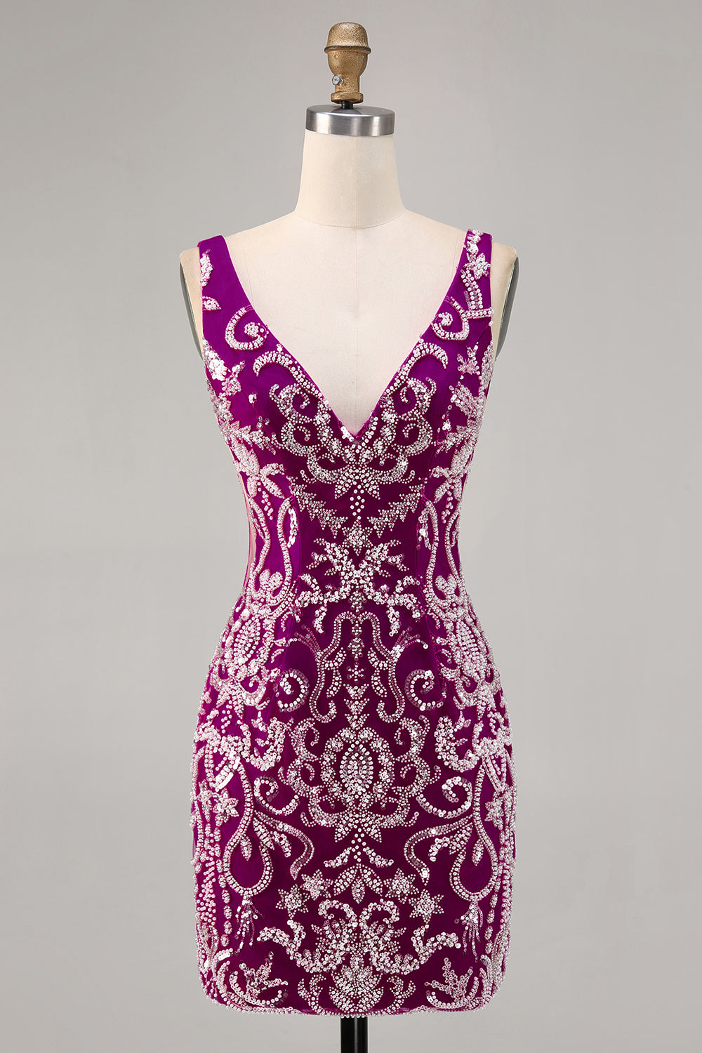 Sparkly Fuchsia V-Neck Tight Backless Mini Homecoming Dress with Beading