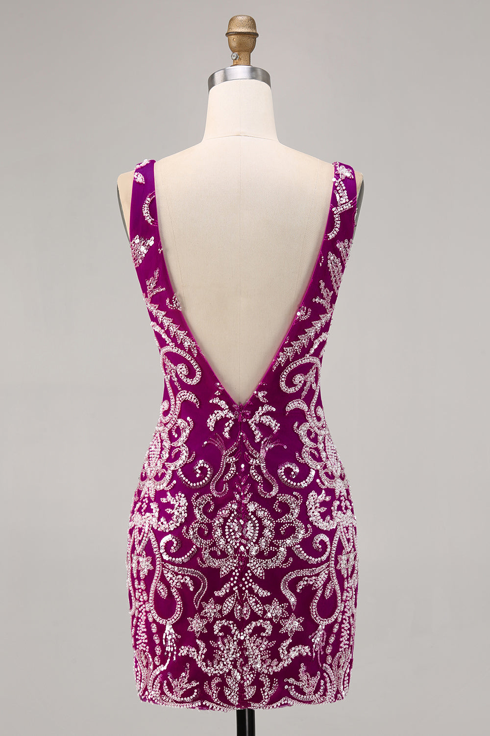 Sparkly Fuchsia V-Neck Tight Backless Mini Homecoming Dress with Beading
