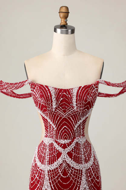 Sparkly Red Off the Shoulder Tight Mini Homecoming Dress with Beading