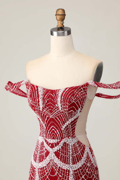 Sparkly Red Off the Shoulder Tight Mini Homecoming Dress with Beading