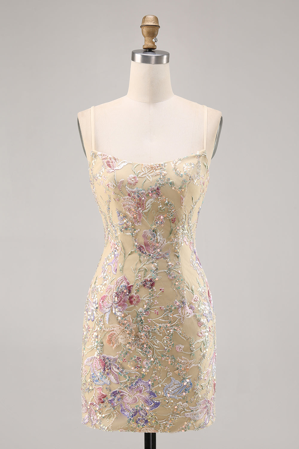 Apricot Floral Spaghetti Straps Tight Short Homecoming Dress with Sequins
