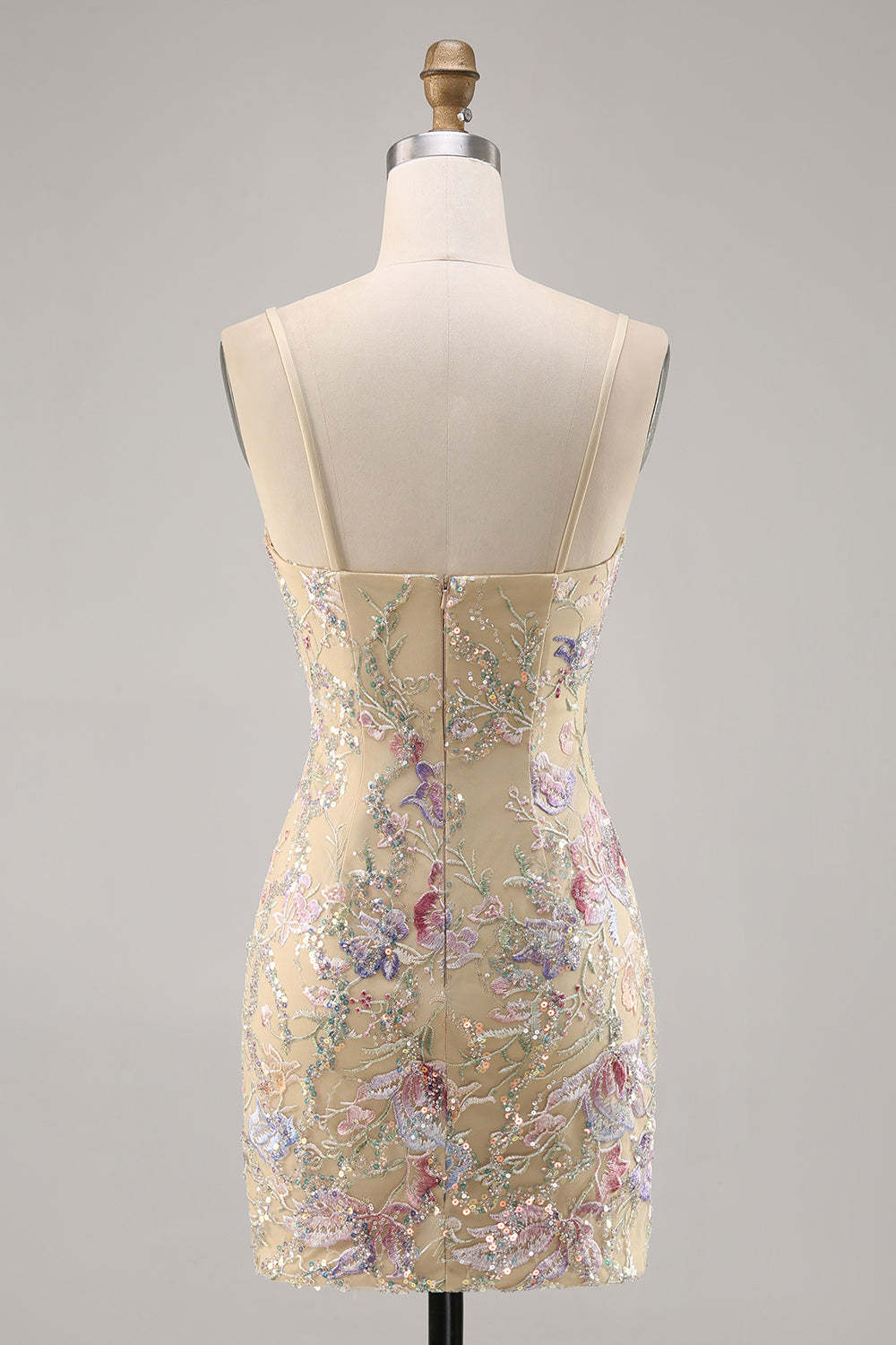 Apricot Floral Spaghetti Straps Tight Short Homecoming Dress with Sequins