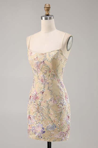 Apricot Floral Spaghetti Straps Tight Short Homecoming Dress with Sequins
