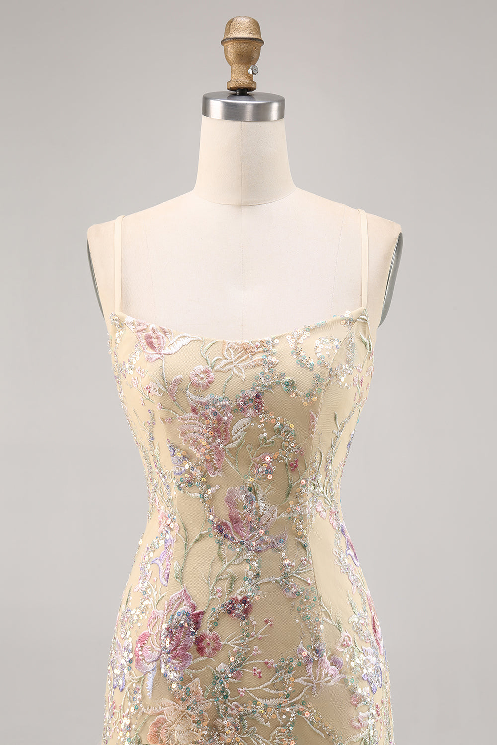 Apricot Floral Spaghetti Straps Tight Short Homecoming Dress with Sequins