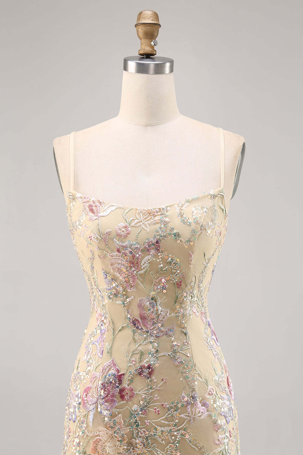 Apricot Floral Spaghetti Straps Tight Short Homecoming Dress with Sequins