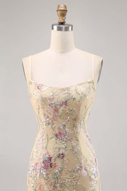 Apricot Floral Spaghetti Straps Tight Short Homecoming Dress with Sequins