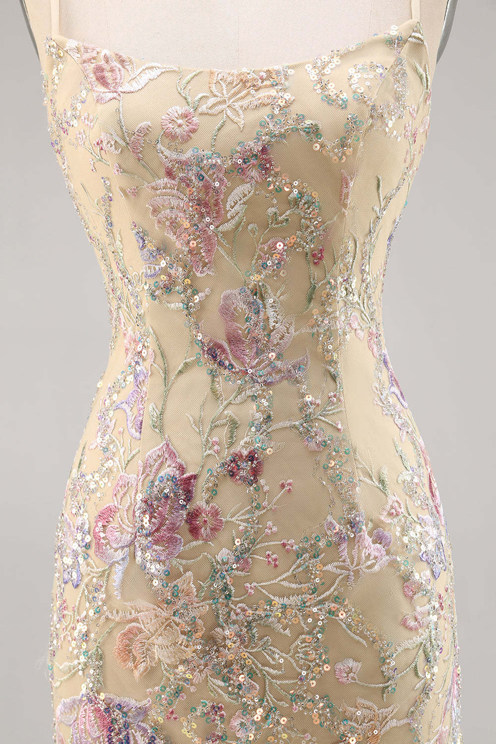 Apricot Floral Spaghetti Straps Tight Short Homecoming Dress with Sequins