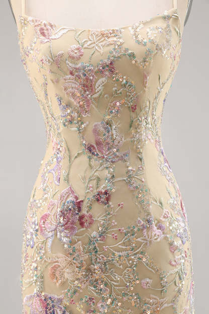 Apricot Floral Spaghetti Straps Tight Short Homecoming Dress with Sequins