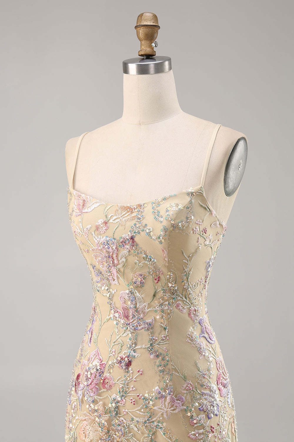 Apricot Floral Spaghetti Straps Tight Short Homecoming Dress with Sequins