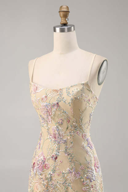 Apricot Floral Spaghetti Straps Tight Short Homecoming Dress with Sequins