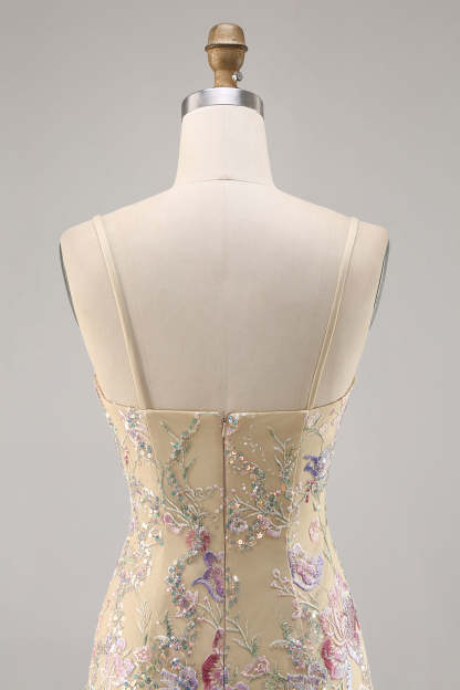 Apricot Floral Spaghetti Straps Tight Short Homecoming Dress with Sequins