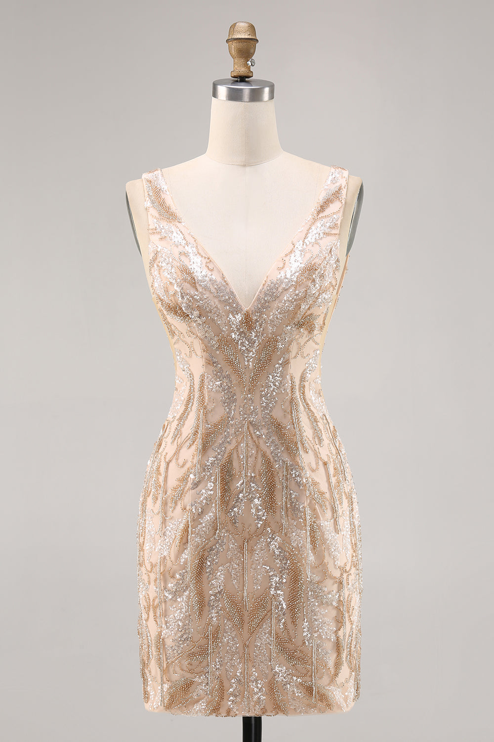 Leely Women Sparkly Champagne Sequin Short Homecoming Dress Beaded V-Neck Tight Backless Cocktail Dress