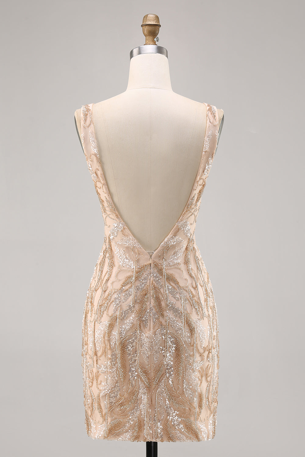 Sparkly Champagne V-Neck Short Sequin Tight Homecoming Dress with Beading