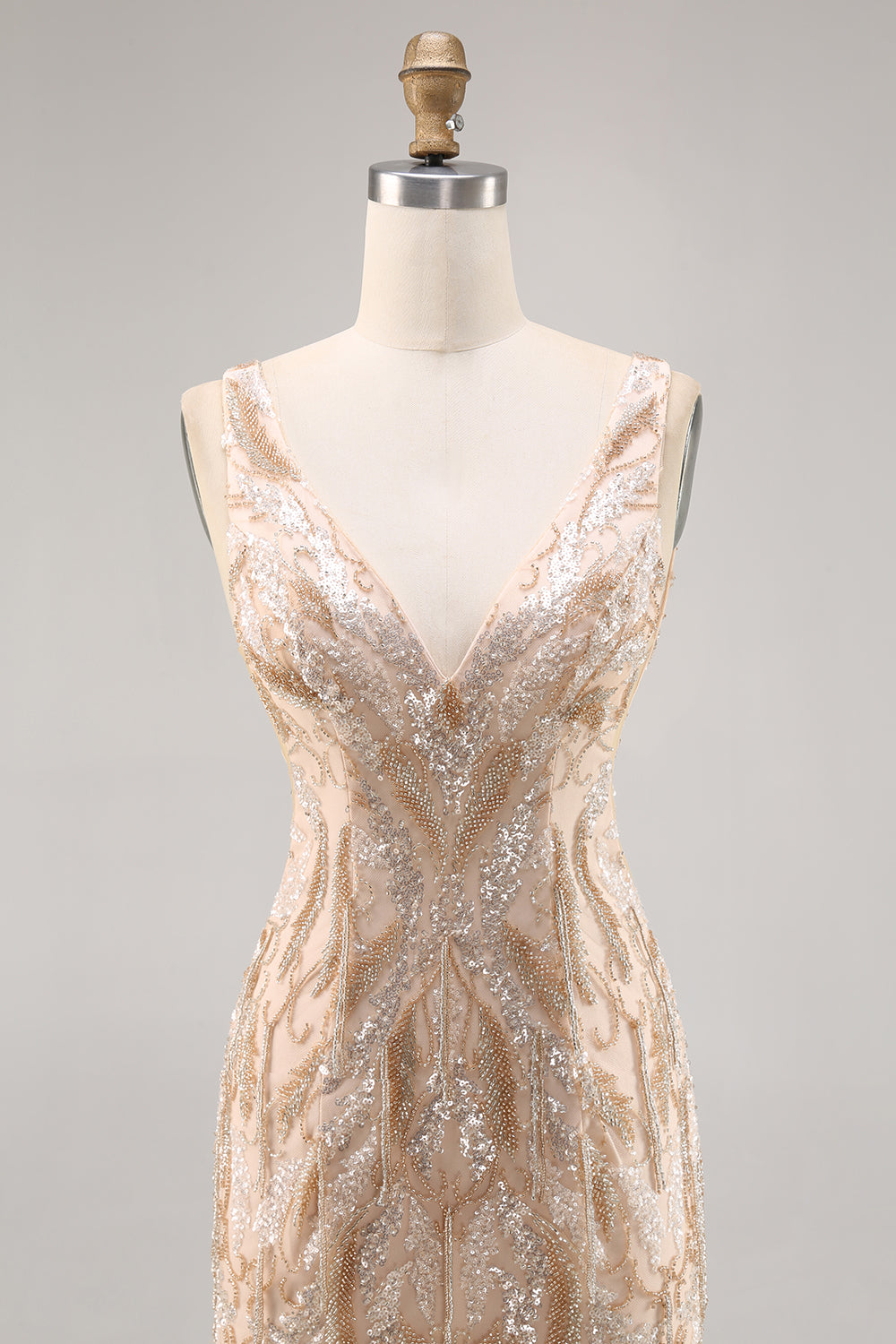 Sparkly Champagne V-Neck Short Sequin Tight Homecoming Dress with Beading