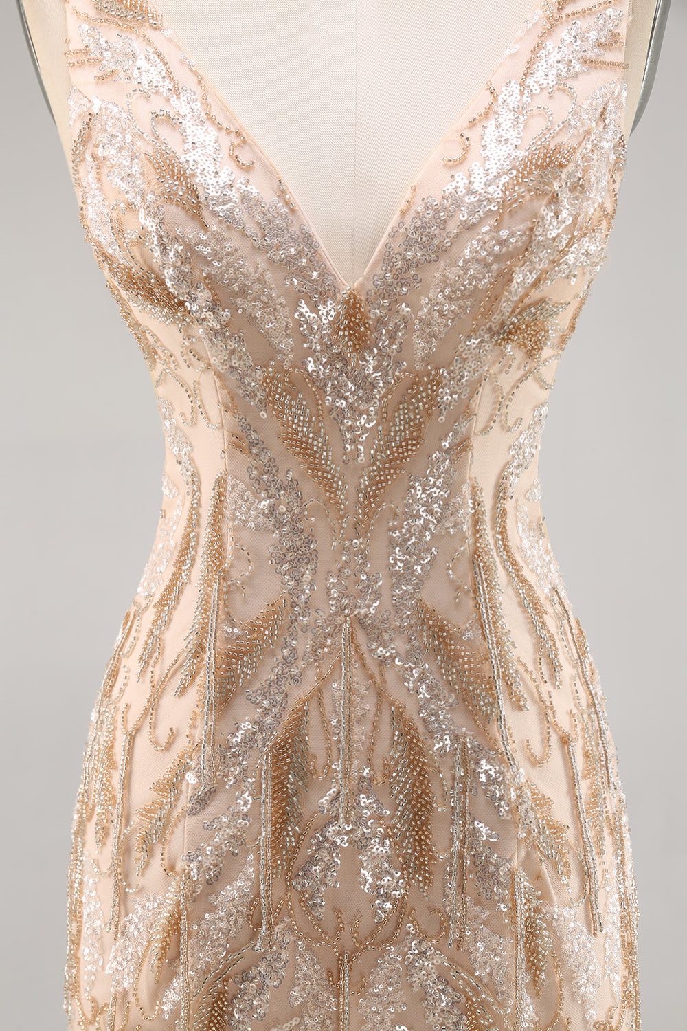 Sparkly Champagne V-Neck Short Sequin Tight Homecoming Dress with Beading