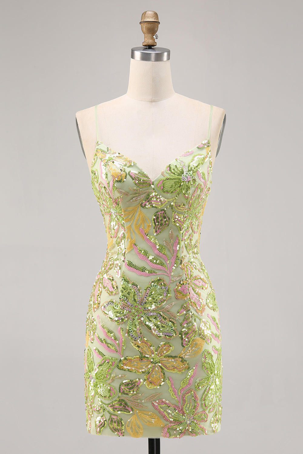Sparkly Green Spaghetti Straps Mini Sequin Floral Tight Homecoming Dress