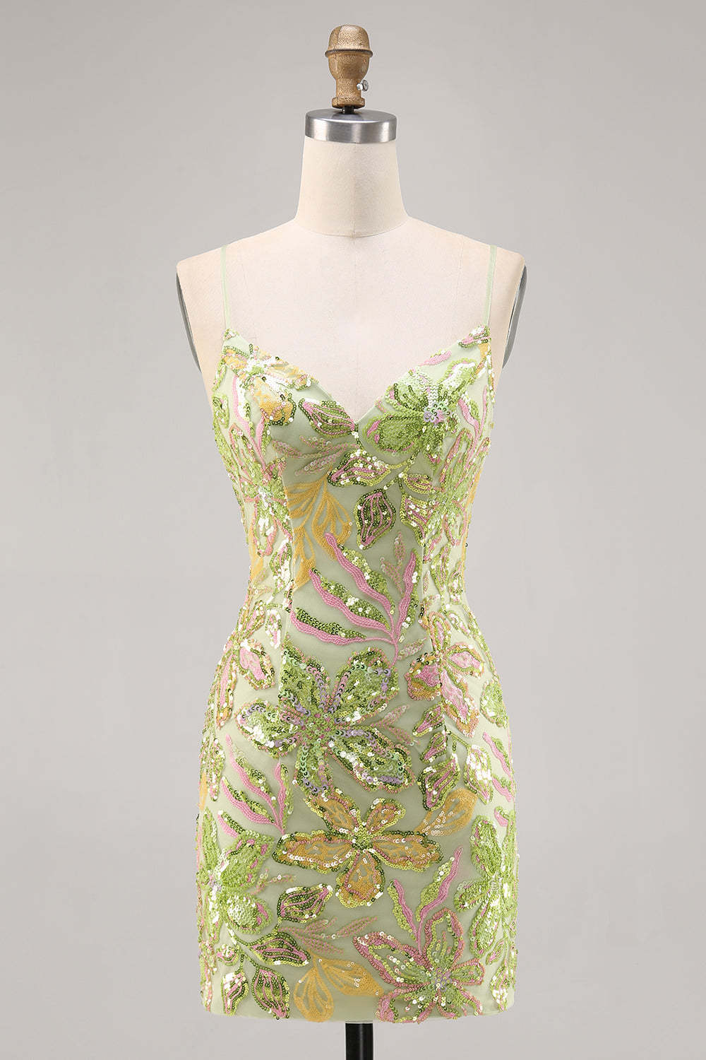 Leely Women Sparkly Green Floral Mini Sequin Homecoming Dress Spaghetti Straps Backless Tight Cocktail Dress