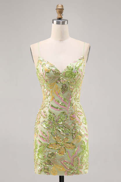 Leely Women Sparkly Green Floral Mini Sequin Homecoming Dress Spaghetti Straps Backless Tight Cocktail Dress