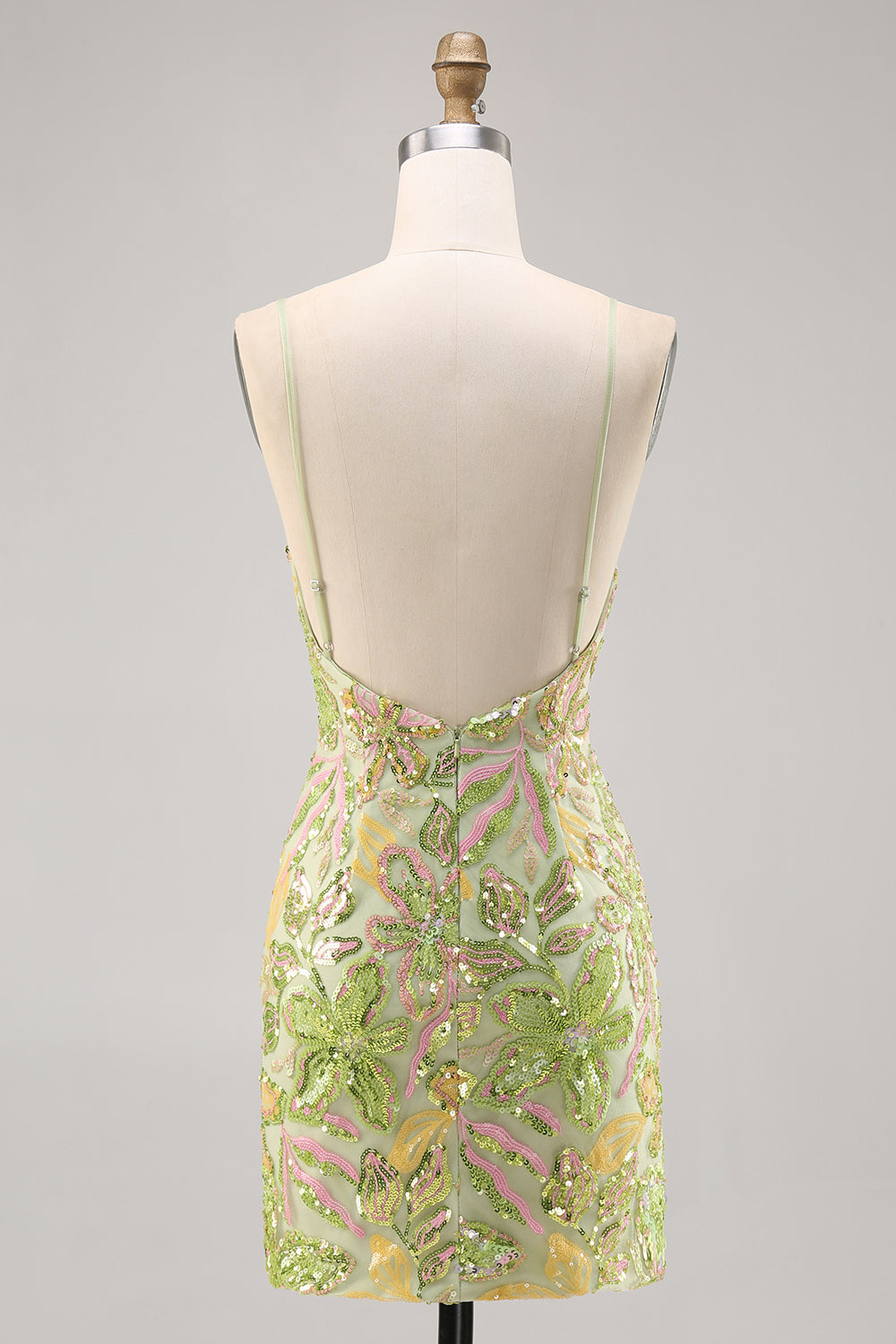 Sparkly Green Spaghetti Straps Mini Sequin Floral Tight Homecoming Dress