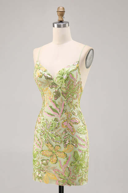 Sparkly Green Spaghetti Straps Mini Sequin Floral Tight Homecoming Dress