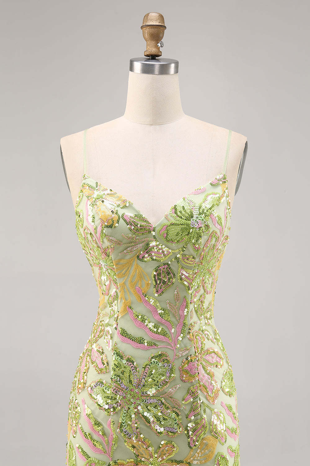 Sparkly Green Spaghetti Straps Mini Sequin Floral Tight Homecoming Dress
