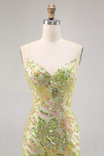 Sparkly Green Spaghetti Straps Mini Sequin Floral Tight Homecoming Dress