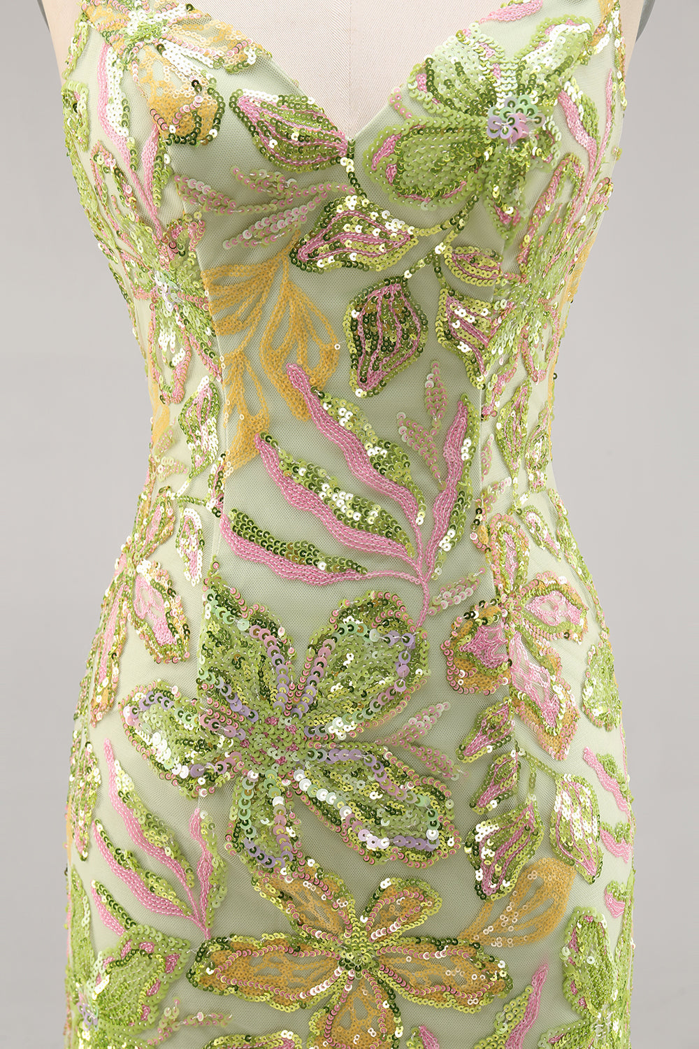 Sparkly Green Spaghetti Straps Mini Sequin Floral Tight Homecoming Dress