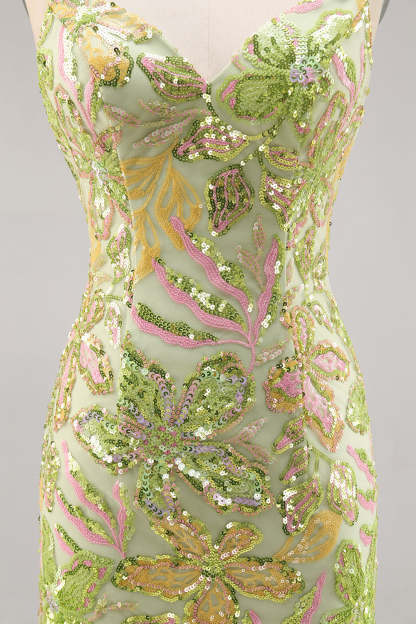 Sparkly Green Spaghetti Straps Mini Sequin Floral Tight Homecoming Dress