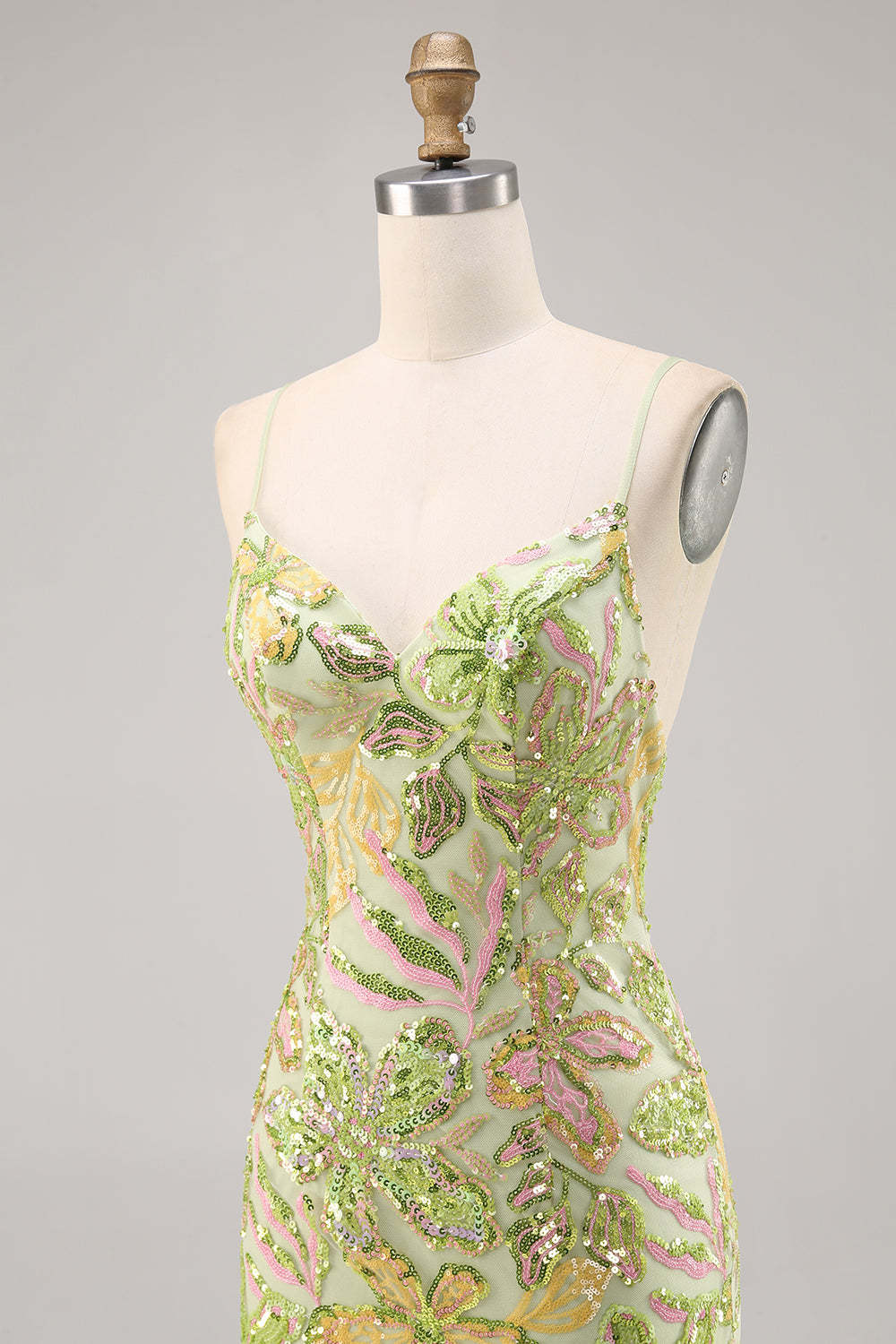 Sparkly Green Spaghetti Straps Mini Sequin Floral Tight Homecoming Dress