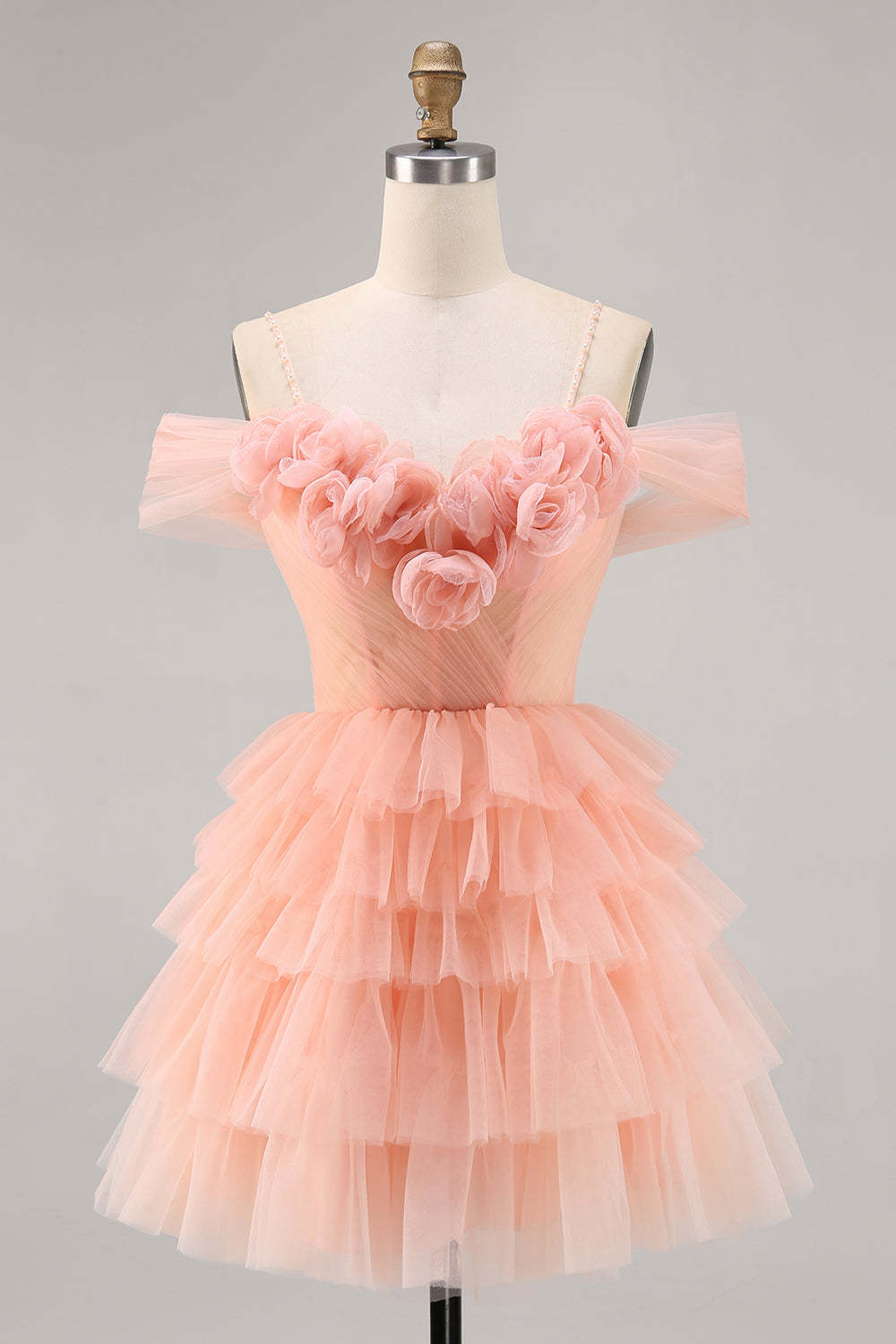 Leely Women Blush Tulle Short Floral Homecoming Dress with Ruffles Cold Shoulder A Line Birthday Dress