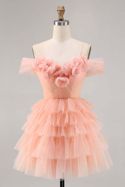 Leely Women Blush Tulle Short Floral Homecoming Dress with Ruffles Cold Shoulder A Line Birthday Dress