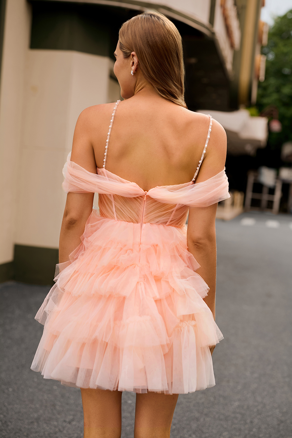Blush Cold Shoulder Tulle A Line Short Floral Homecoming Dress with Ruffles