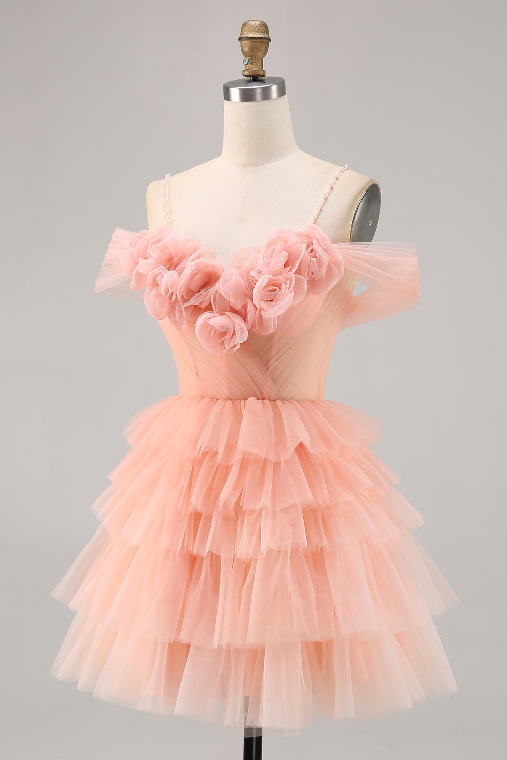 Blush Cold Shoulder Tulle A Line Short Floral Homecoming Dress with Ruffles