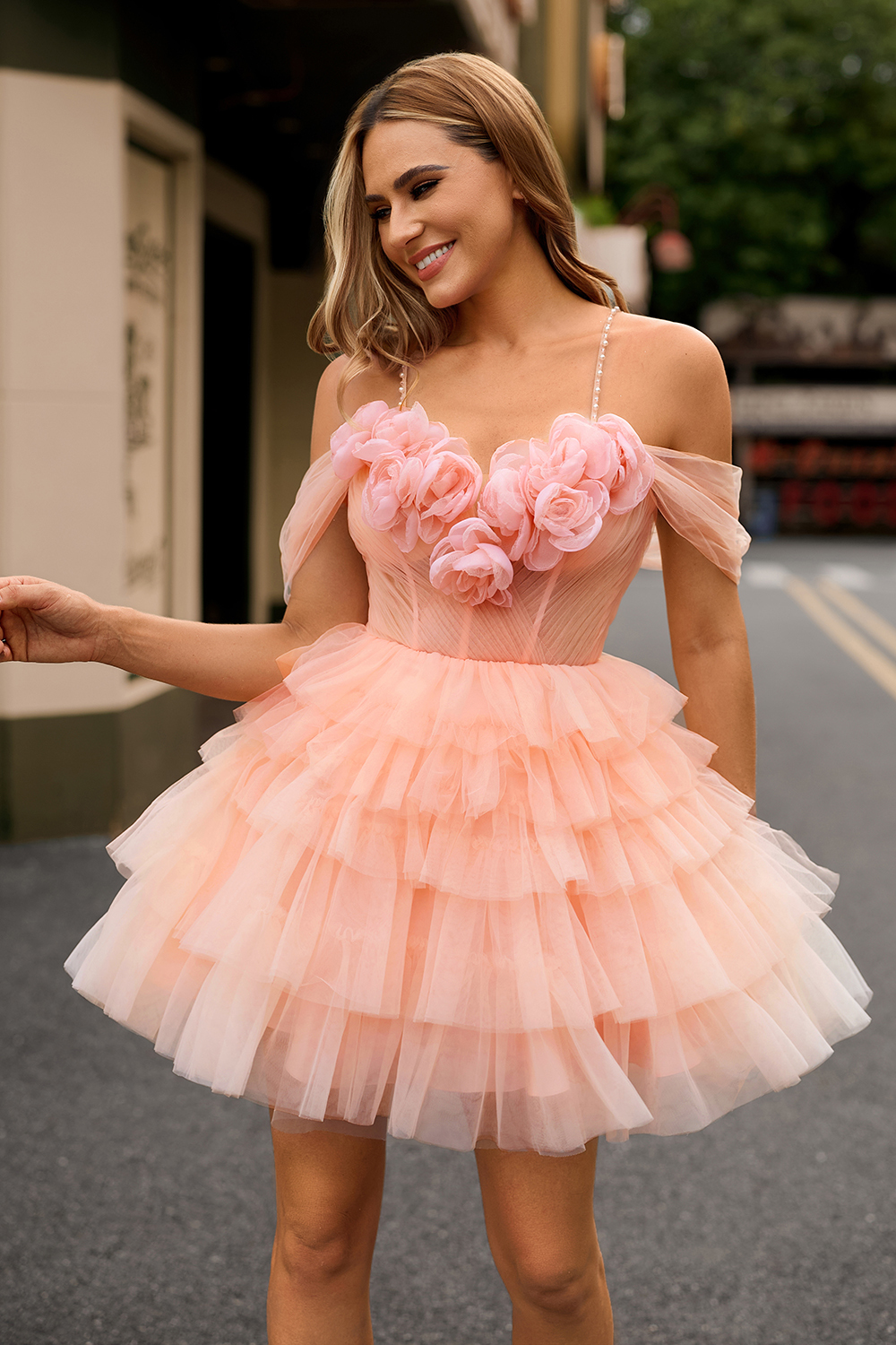 Blush Corset Tiered Tulle A Line Short Floral Homecoming Dress with Ruffles