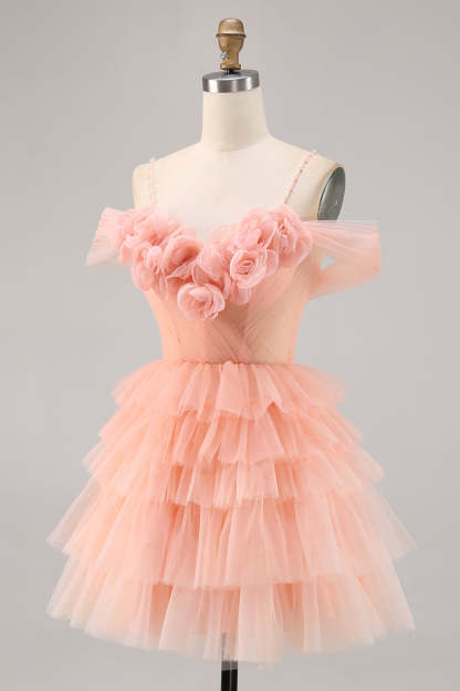 Blush Cold Shoulder Tulle A Line Short Floral Homecoming Dress with Ruffles