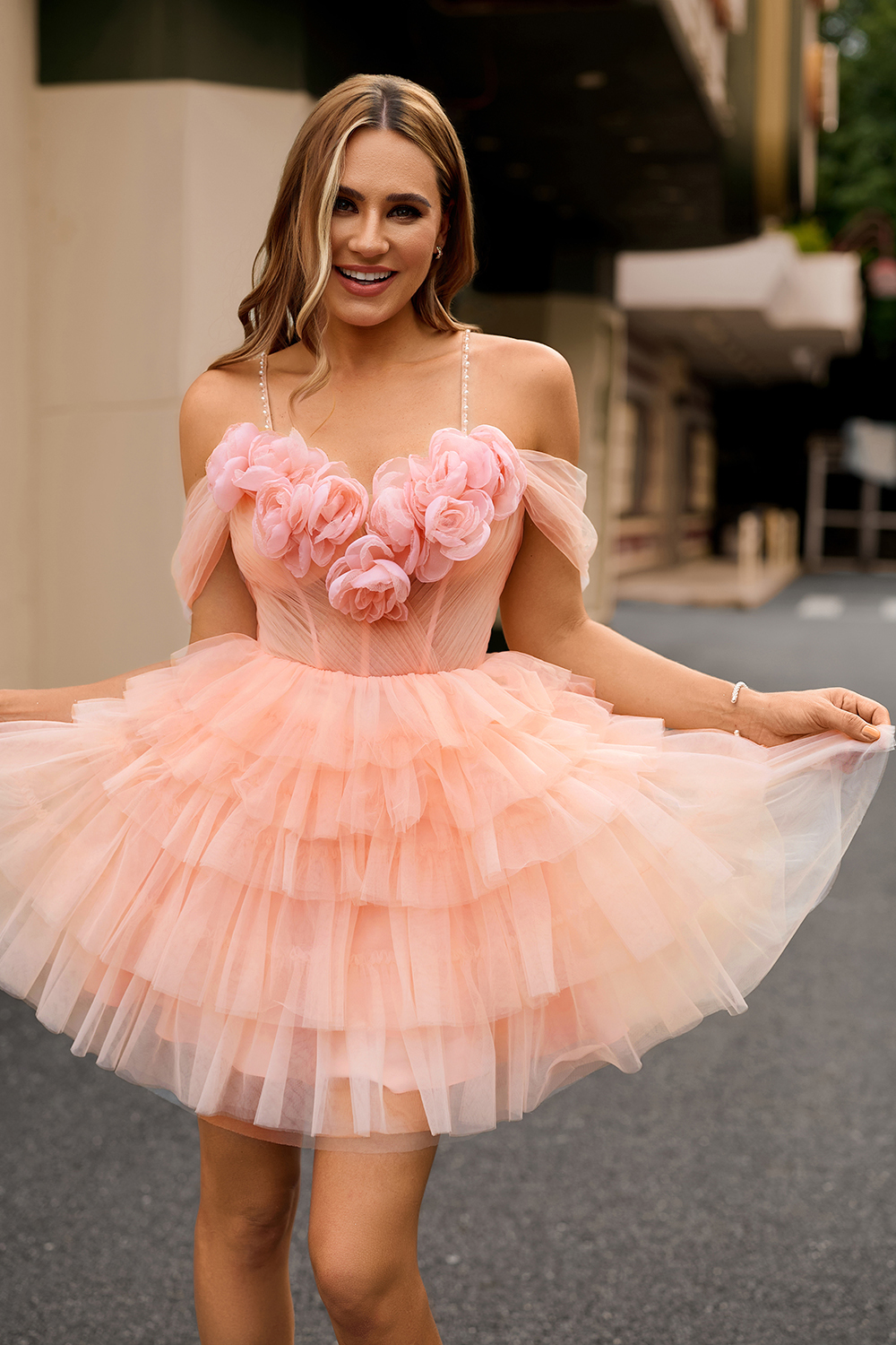 Blush Cold Shoulder Tulle A Line Short Floral Homecoming Dress with Ruffles