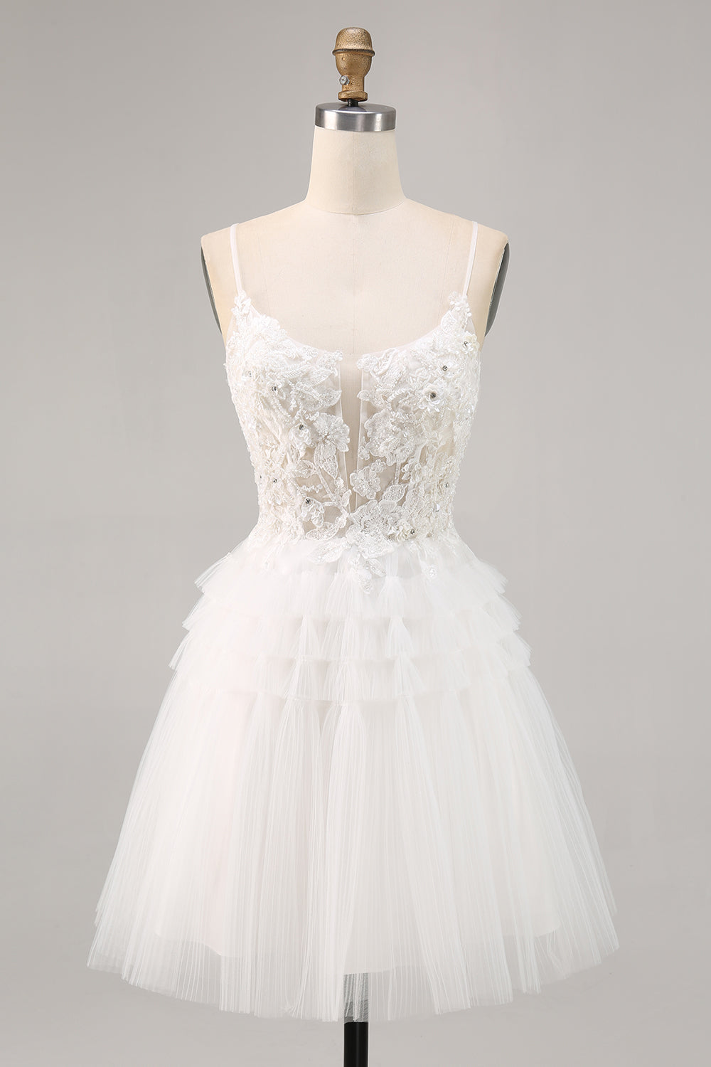 A Line Short White Tulle Corset Homecoming Dress with Appliques