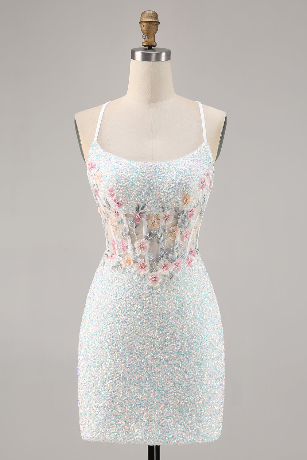 Leely Women Sparky White Corset Floral Short Sequin Homecoming Dress Tight Spaghetti Straps Appliqued Little White Dress