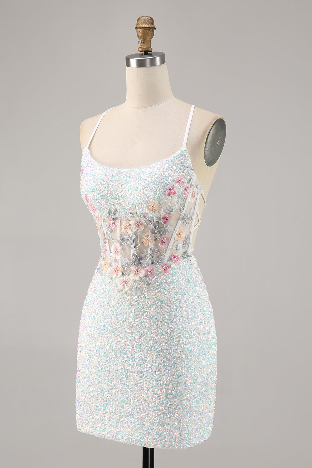 Sparky White Corset Floral Tight Short Homecoming Dress with Sequins