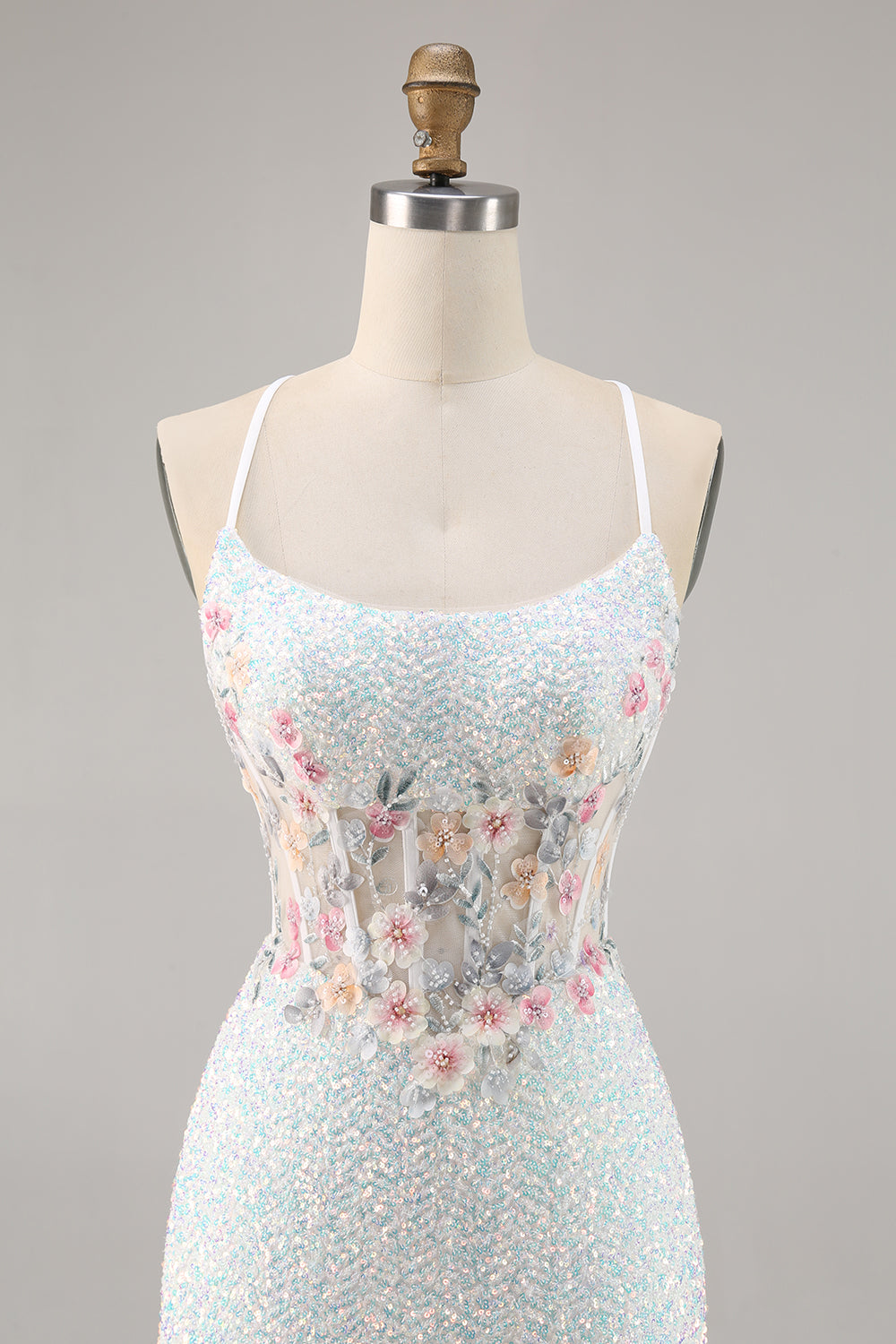 Sparky White Corset Floral Tight Short Homecoming Dress with Sequins