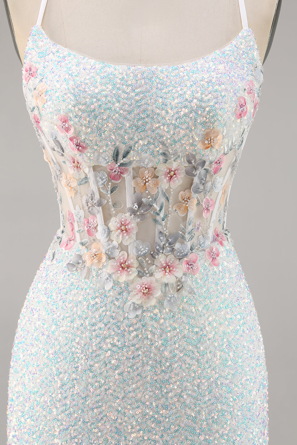 Sparky White Corset Floral Tight Short Homecoming Dress with Sequins
