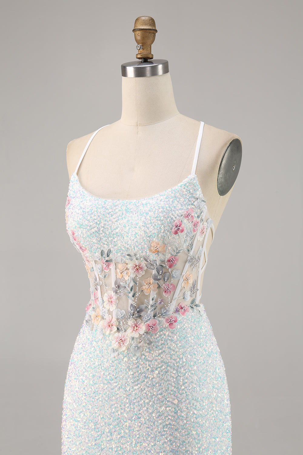 Sparky White Corset Floral Tight Short Homecoming Dress with Sequins
