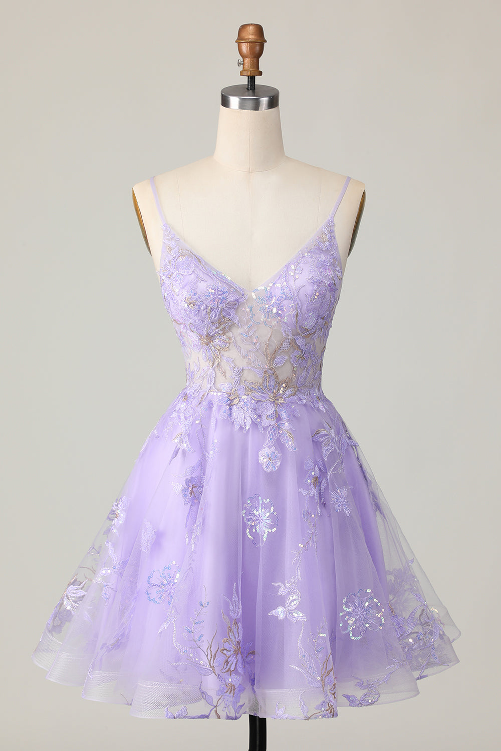 Leely Women Sparkly Purple Short Floral Homecoming Dress Sequins A Line Spaghetti Straps Cocktail Dress
